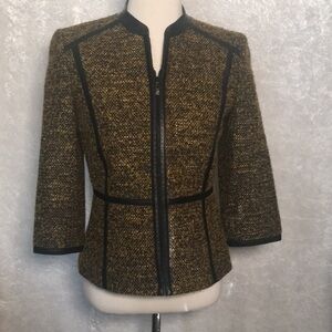 Classiques Entier Black/Brown Leather trim Wool tweed Jacket Size S NWT